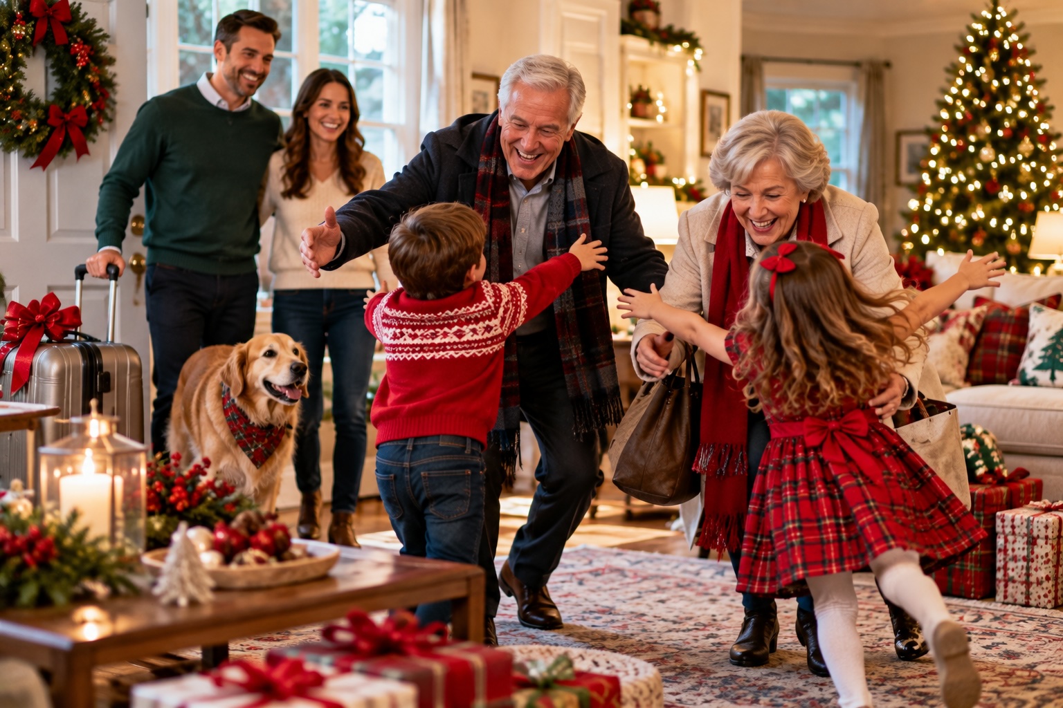 Holiday family greeting grandparents.