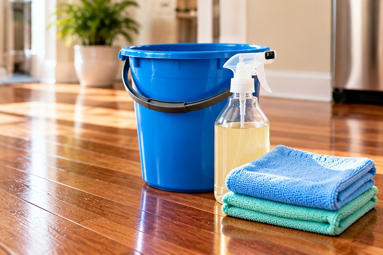 Cleaning supplies on a hardwood floor.