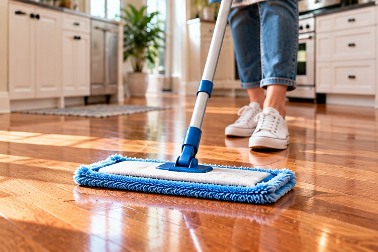 A woman dust mopping a hardwood floor.