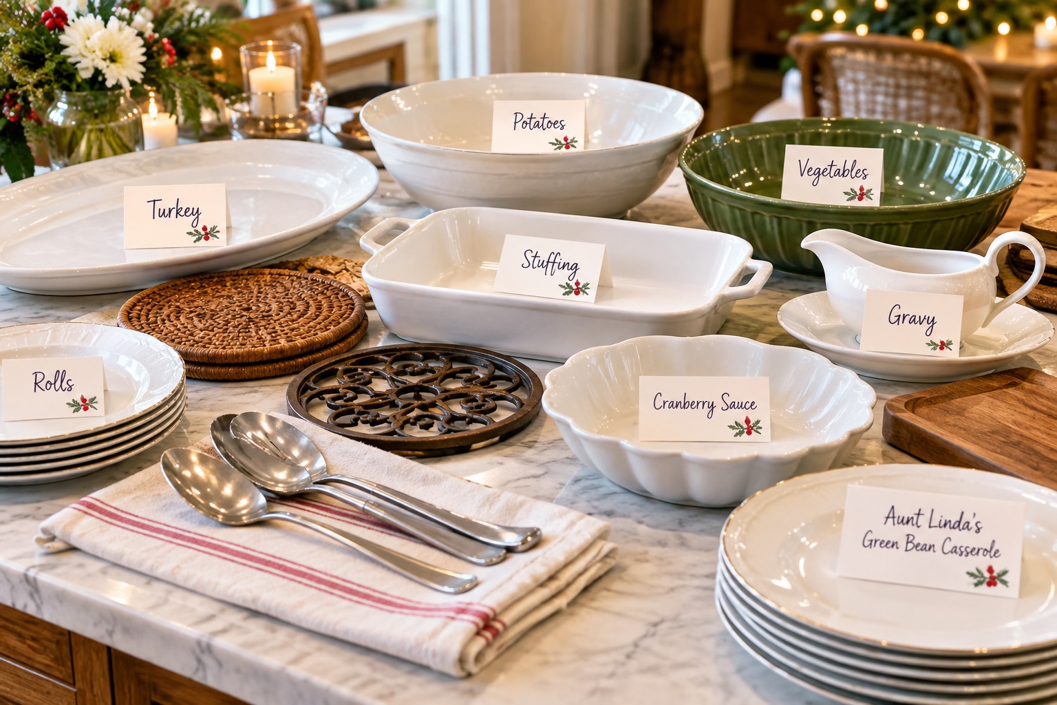 Holiday dishes labeled for items to go inside.