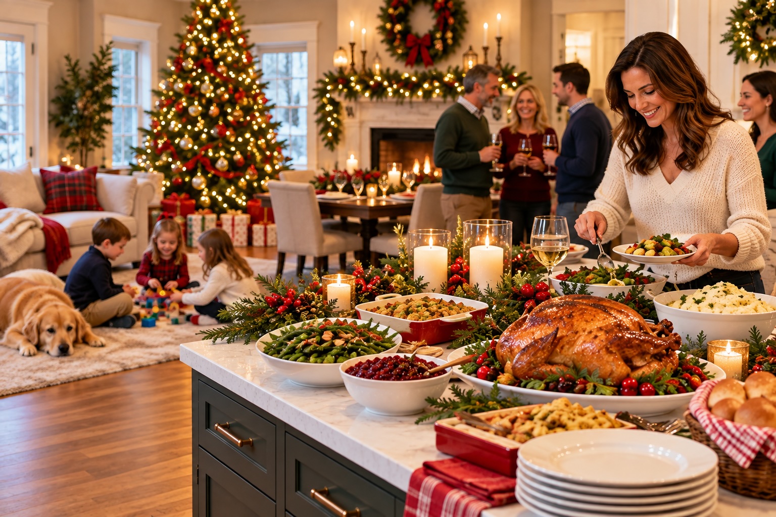 Holiday party inside home with guests.