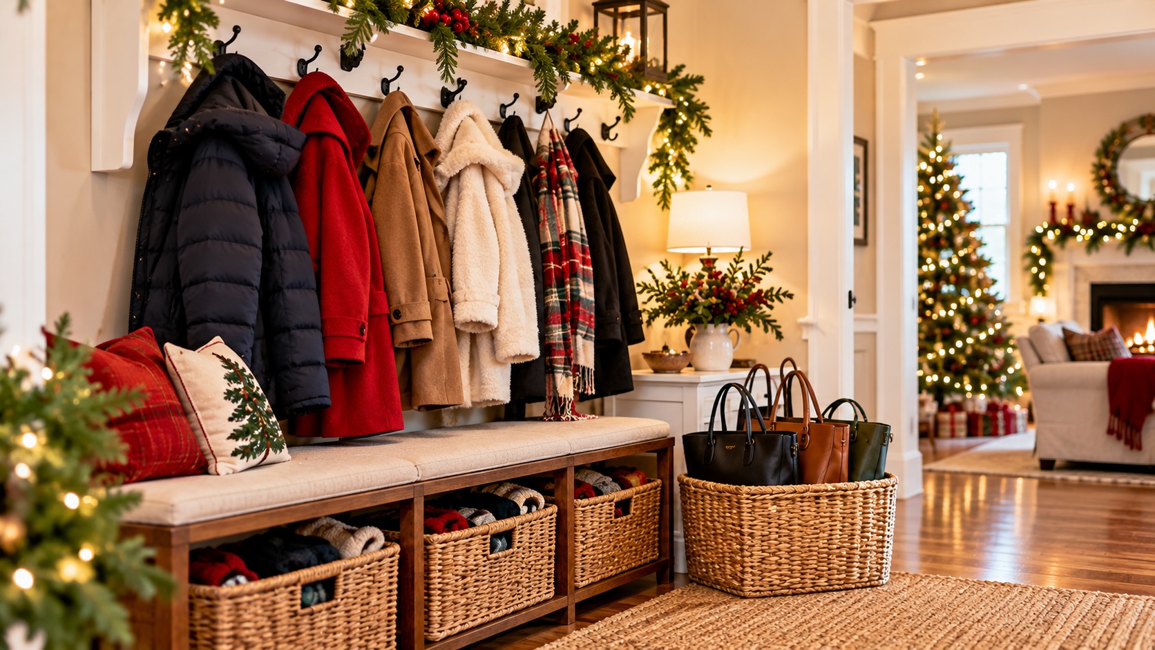 A cozy holiday entryway with coats and boots.