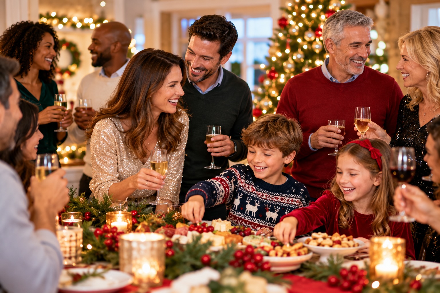 Holiday party with smiling adults and children in attendnce.