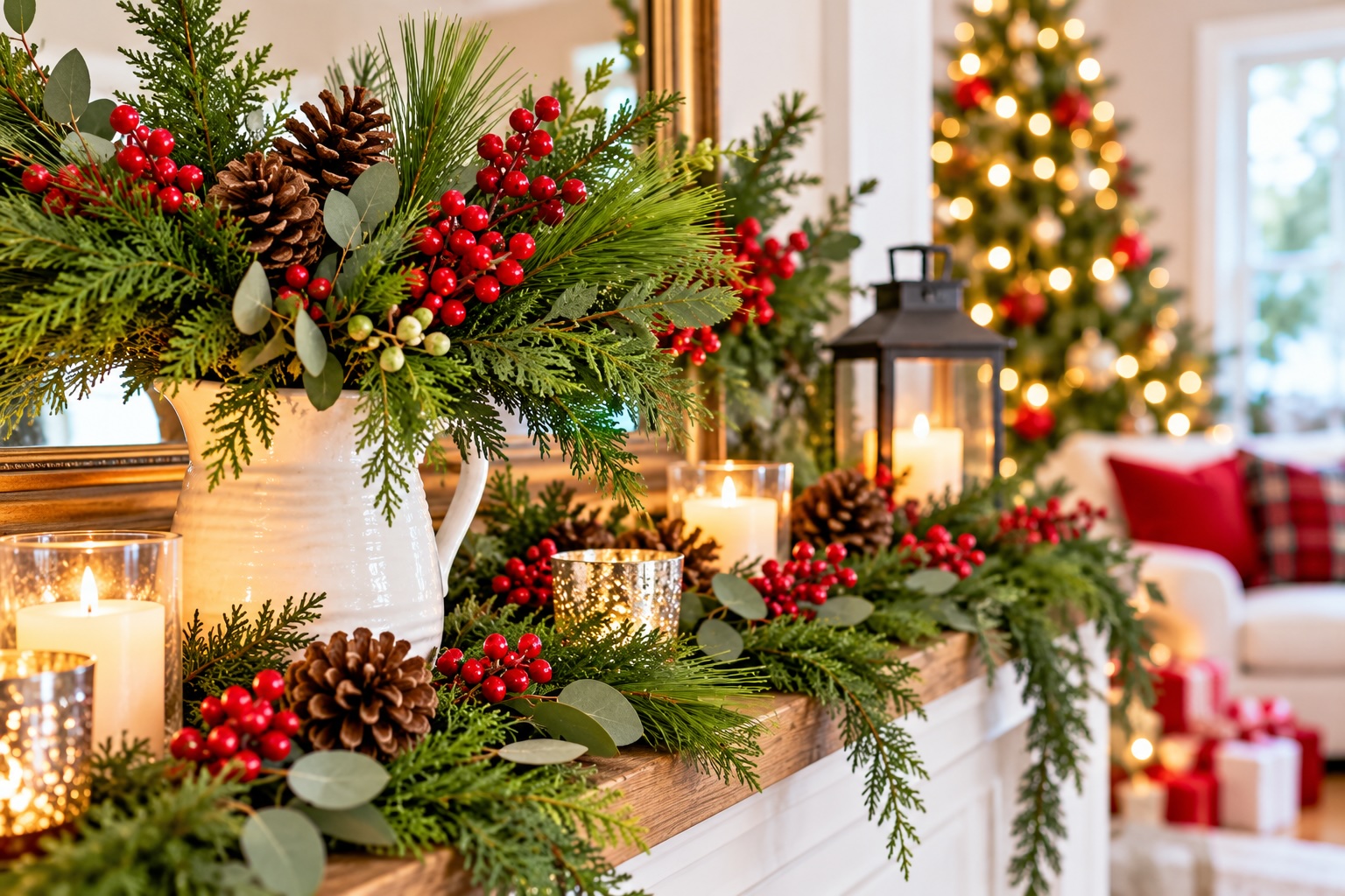 Close up of holiday greenery.