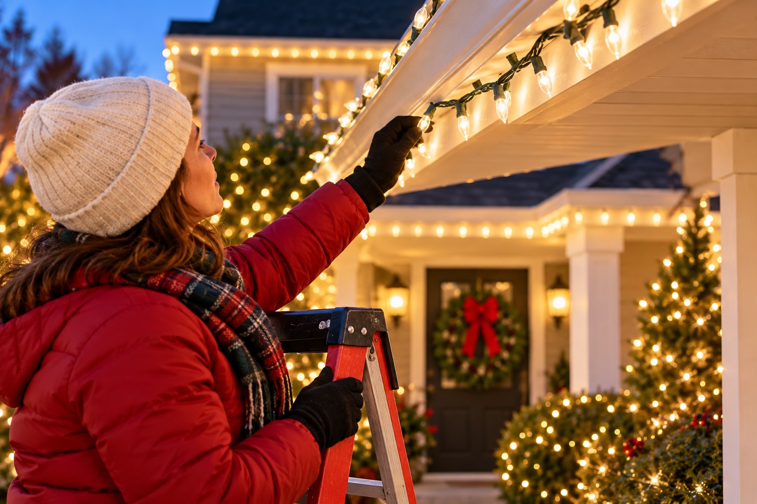 Woman hanging holiday lights on home exterior.