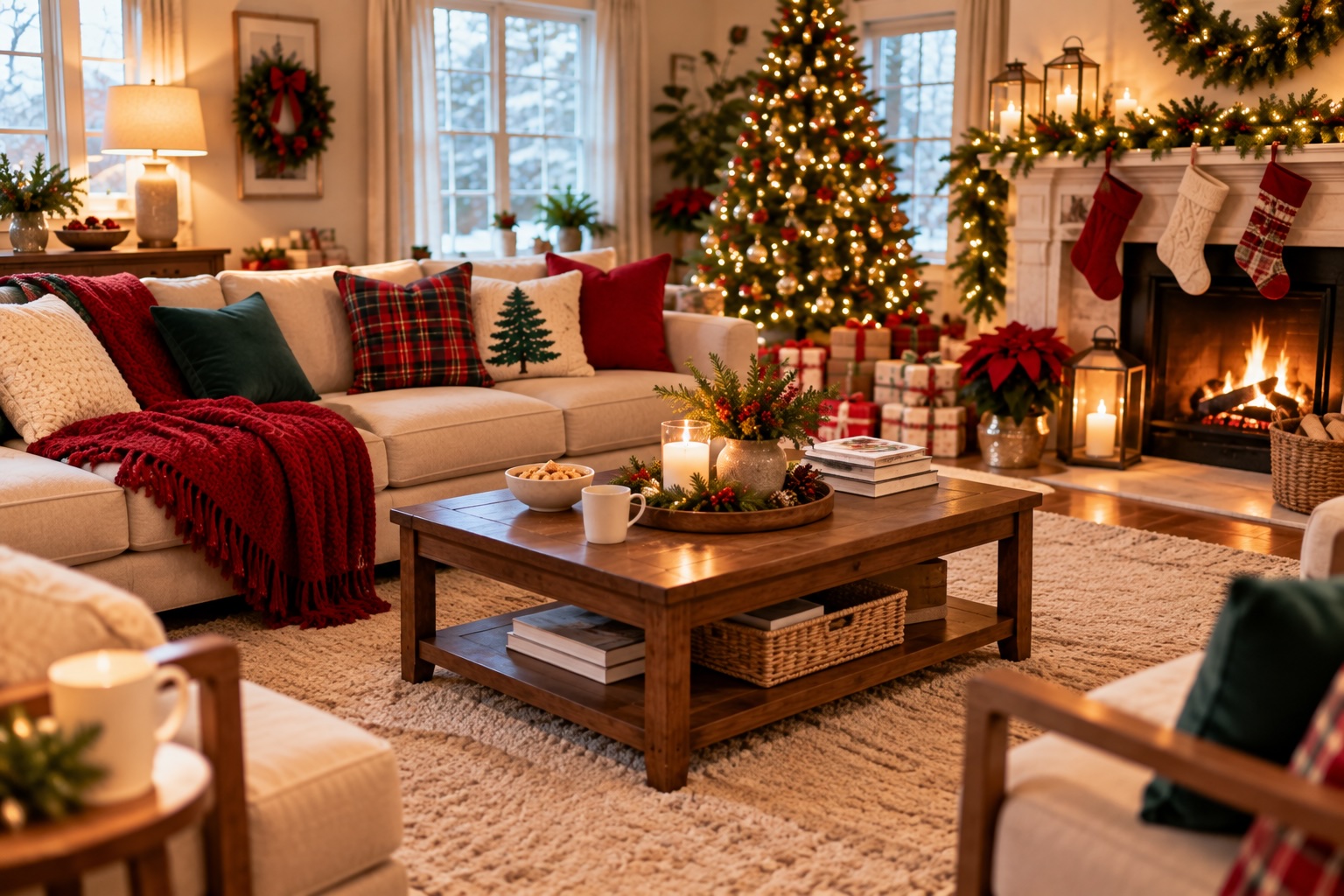 A living room interior with holiday decorations.