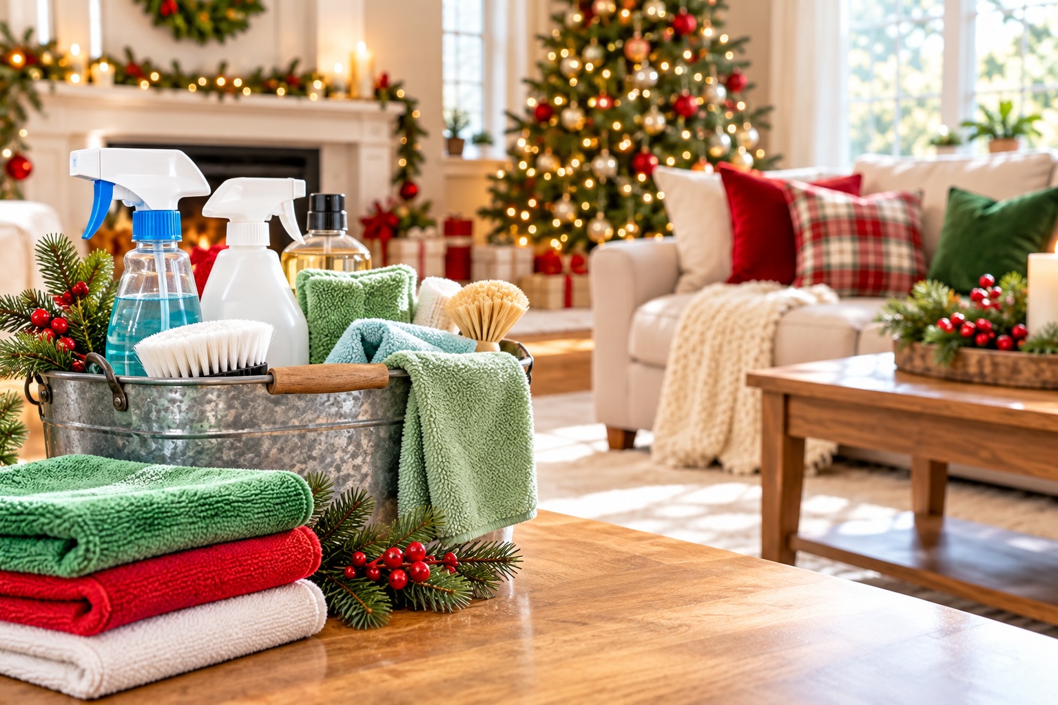 Home cleaning supplies in a  room with holiday decorations.