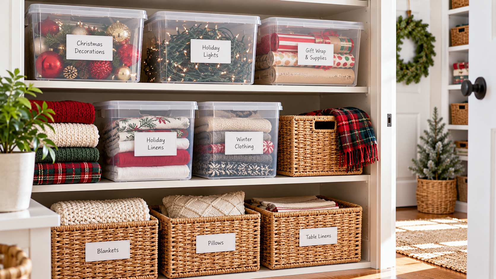 Labeled holiday storage bins on a shelf