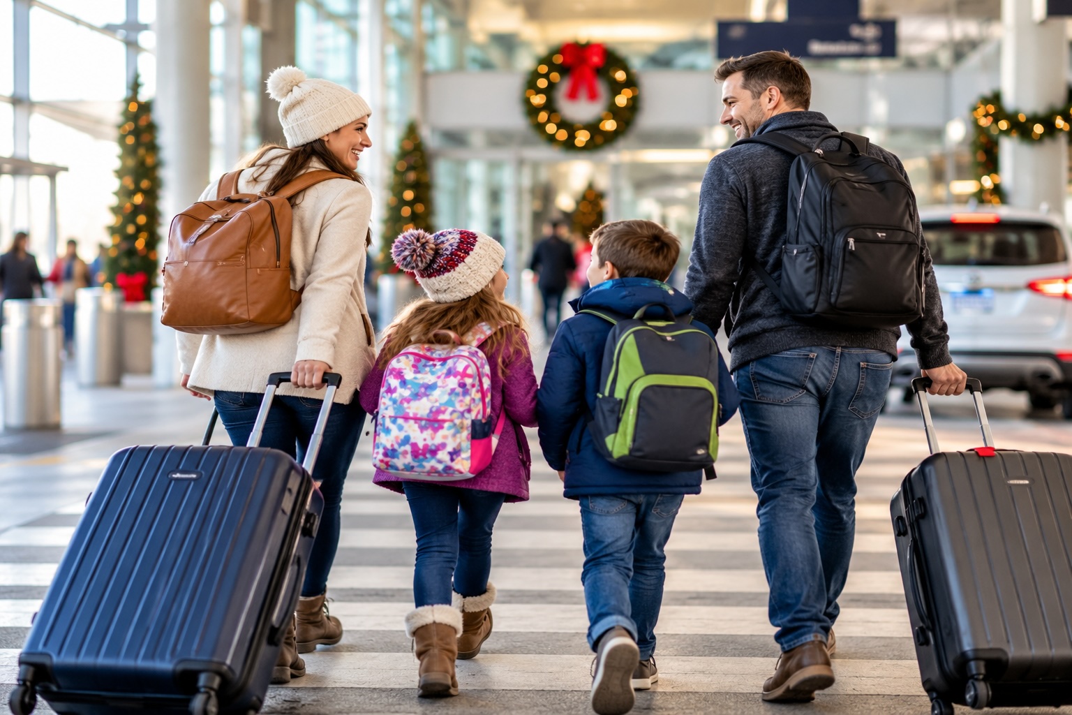 Family of four walking with suitcase through a holiday airport.