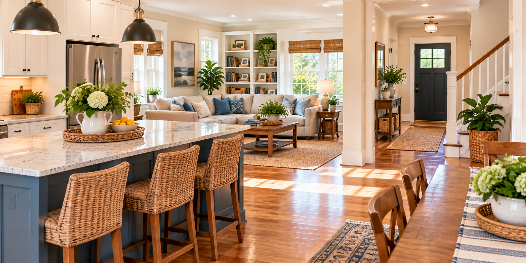 A bright home entryway with kitchen visible.