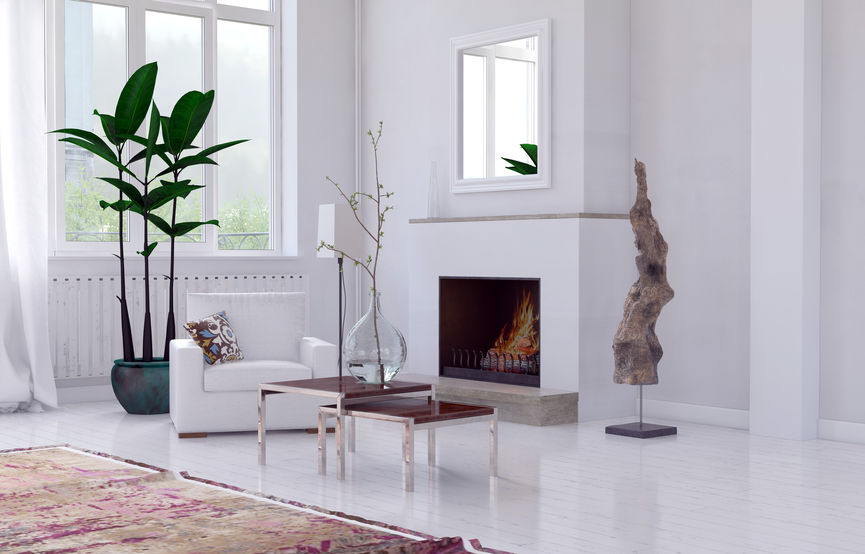 White living room interior with large potted plant.