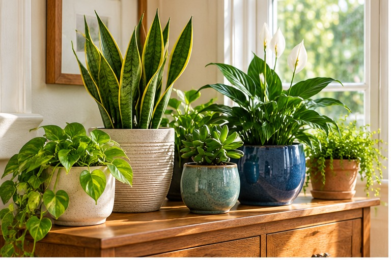 Plants in pots on a window sill.