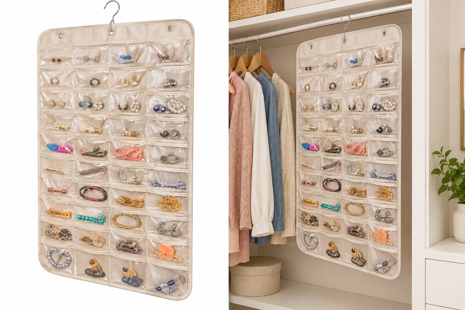 Jewelry organizer in a closet.