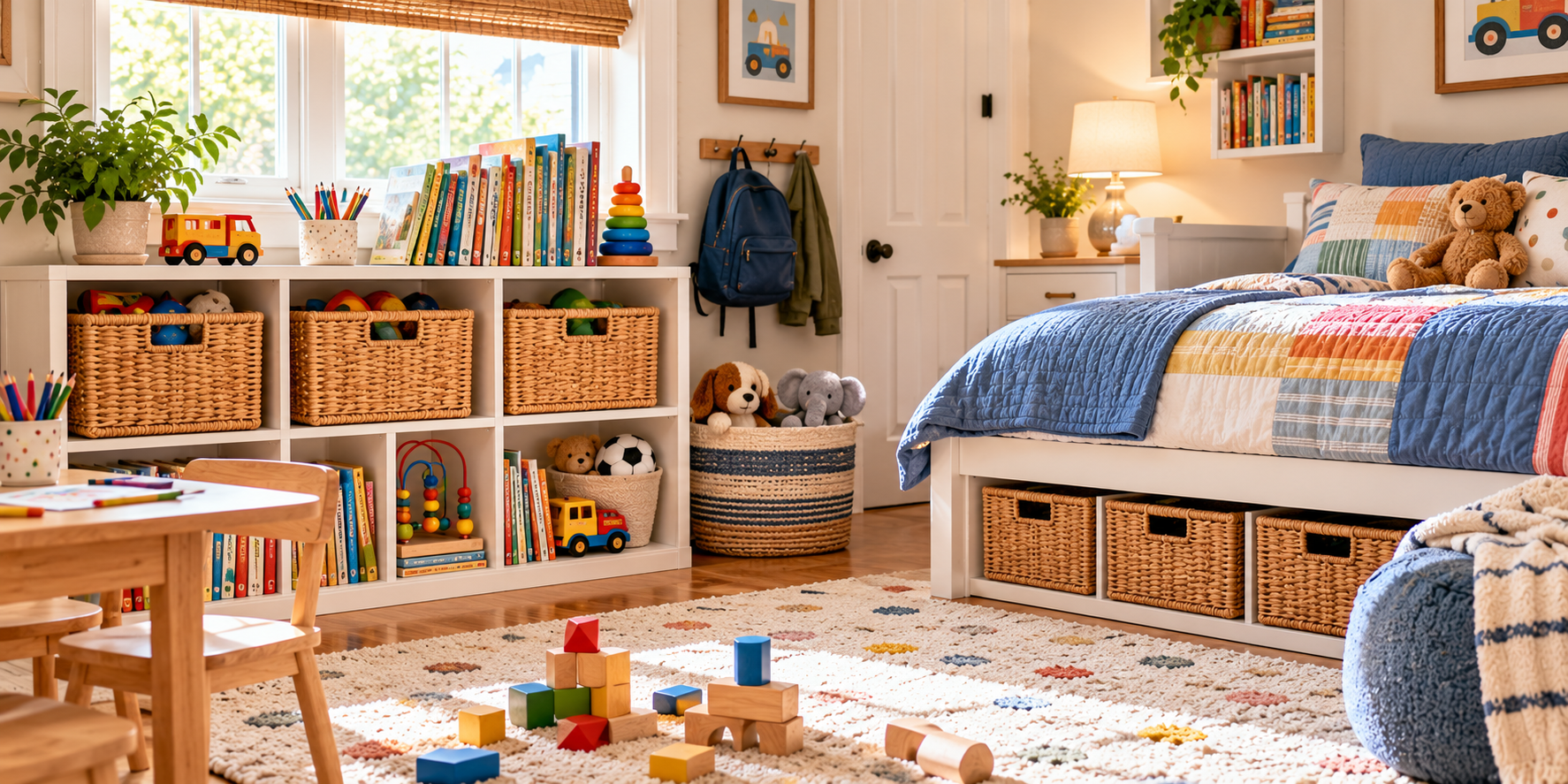 A child's bedroom with shelves and neatly labeled bins.