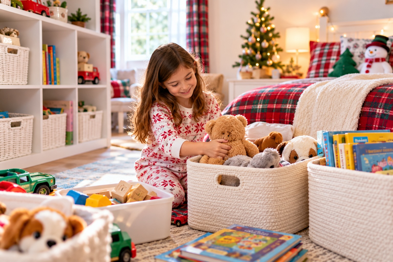 Young girl sorting toys in a bedroom.