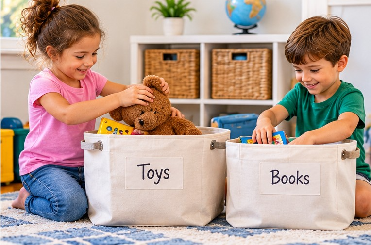 A young boy and girl organizing toys and books.
