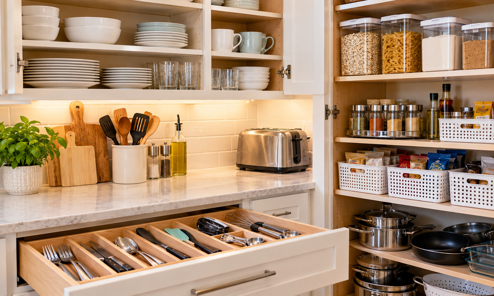 An organized kitchen pantry.
