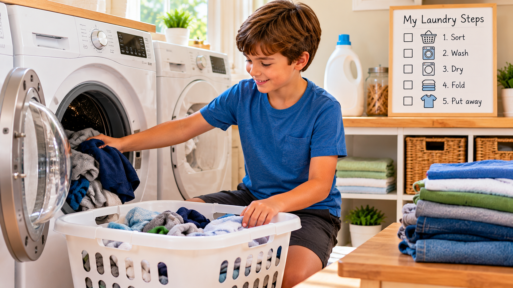 A young boy removing clothes from a dryer.