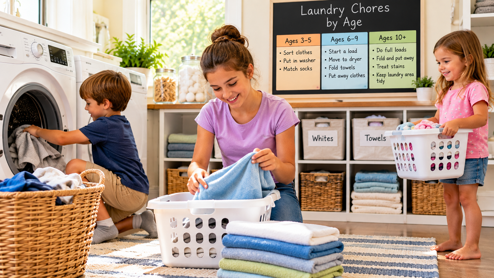 Woman and two children doing laundry.