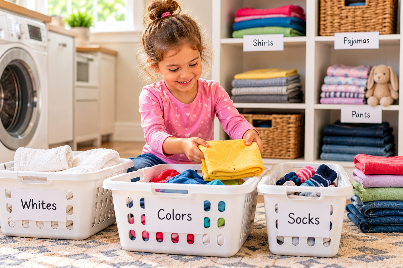 A preschool age child on floor helping with laundry.
