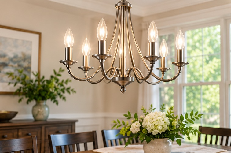 Hanging light fixture in bright living room.