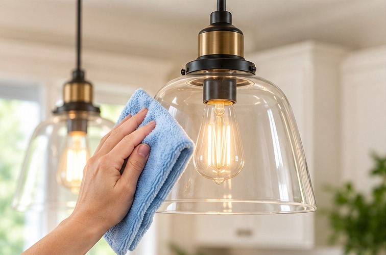 A hand cleaning a pendant light.