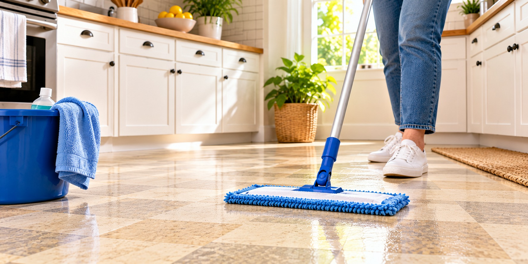 A woman is damp mopping a linoleum floor.
