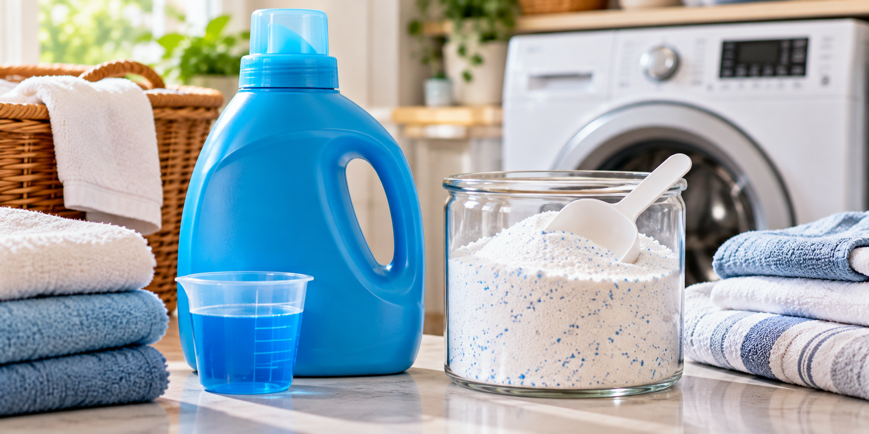 Liquid and powder laundry detergent atop a washing machine.