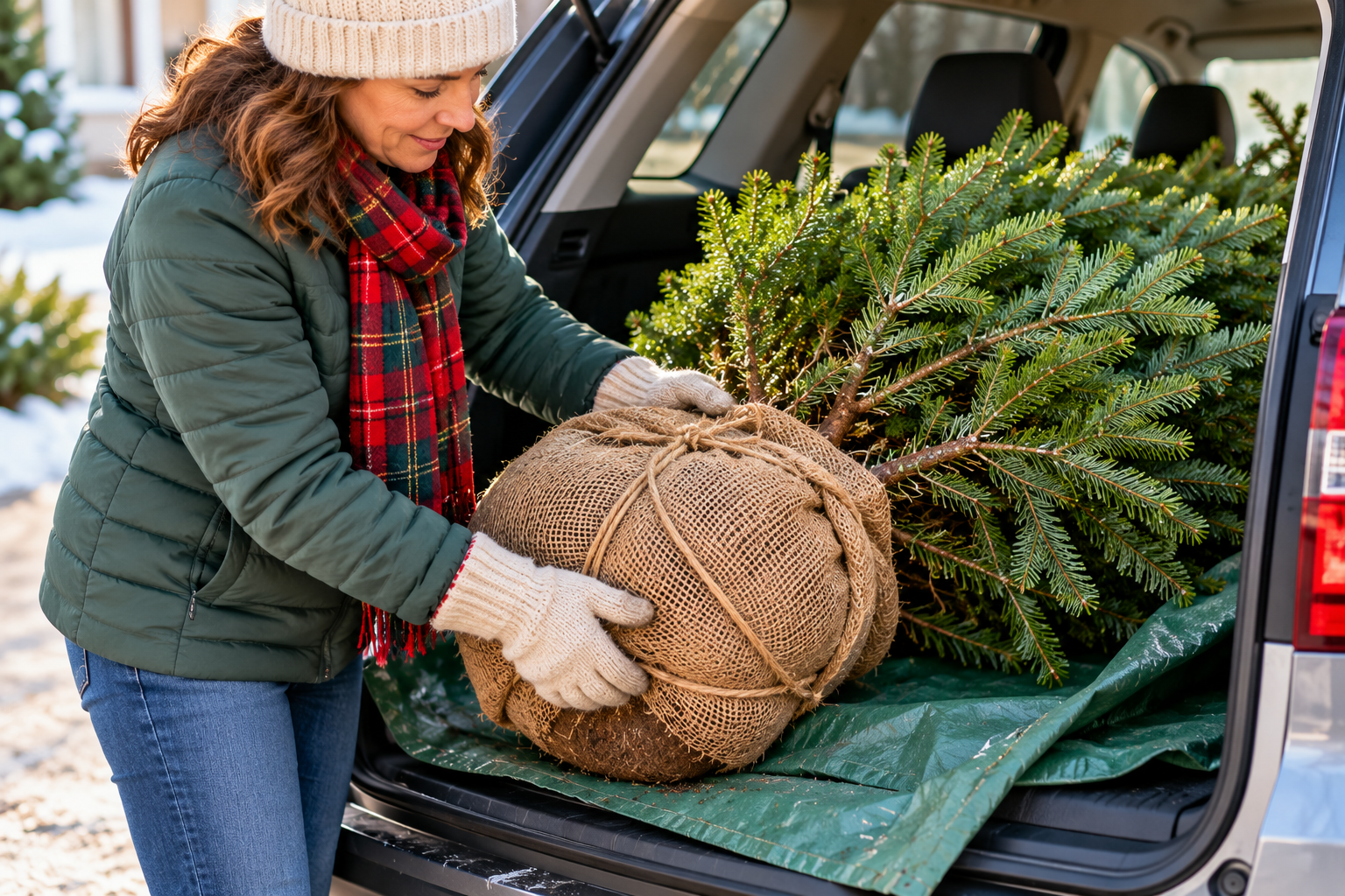 Woman loading a balled-and-burlapped Christmas tree into a car trunk
