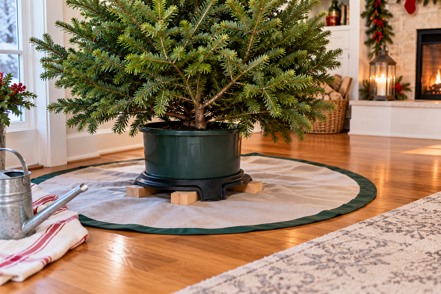 Living Christmas tree in a pot on a wood floor, with a saucer underneath