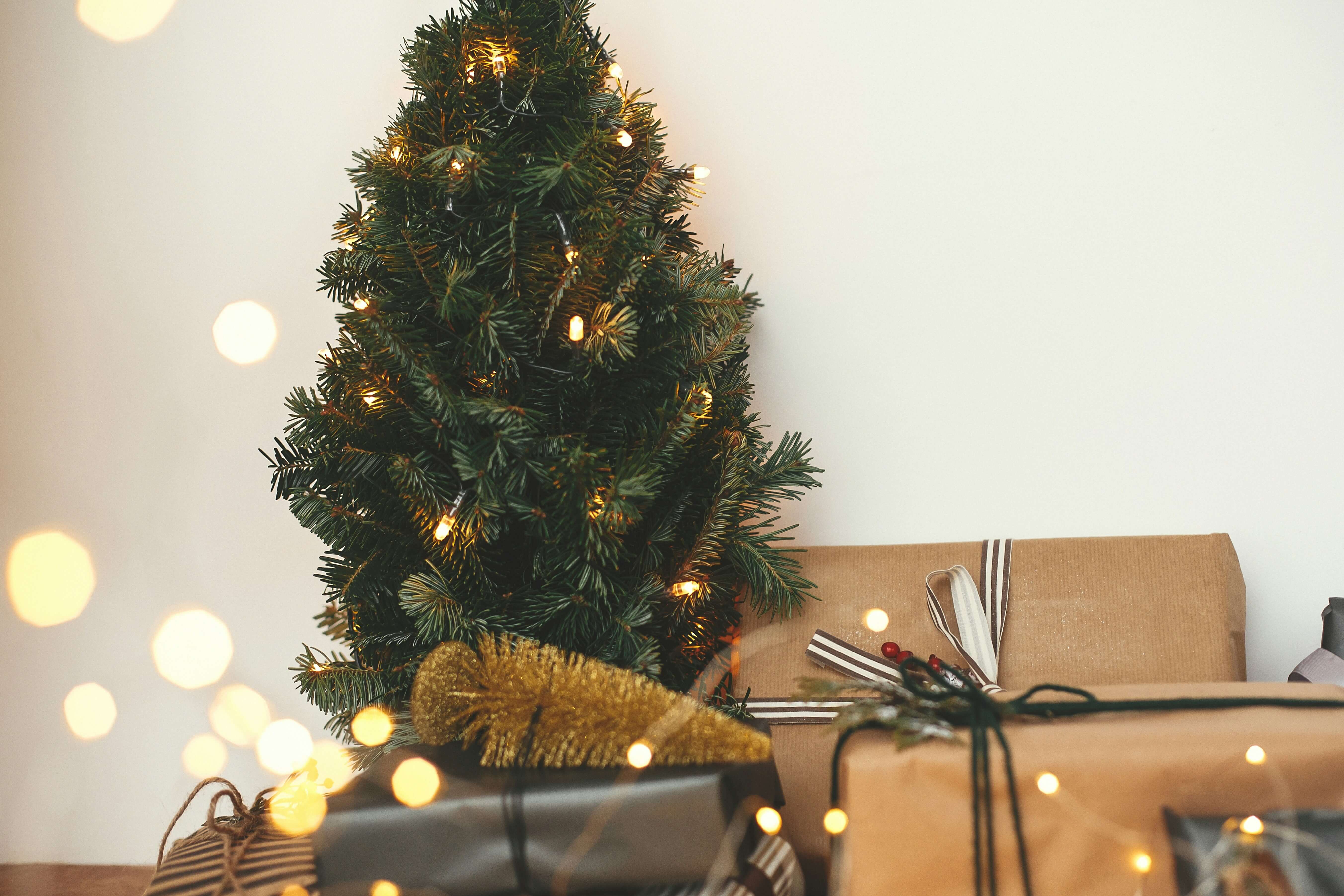 Christmas tree with eco-friendly gifts wrapped.