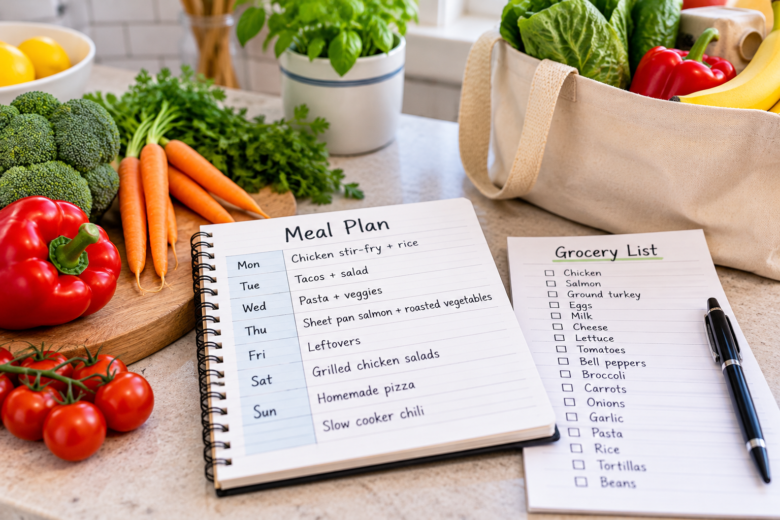 A grocery list and meal plan on a kitchen counter top.