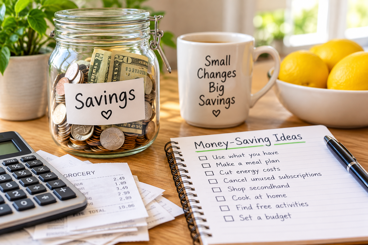 Jar or change, checkbook, and calculator.