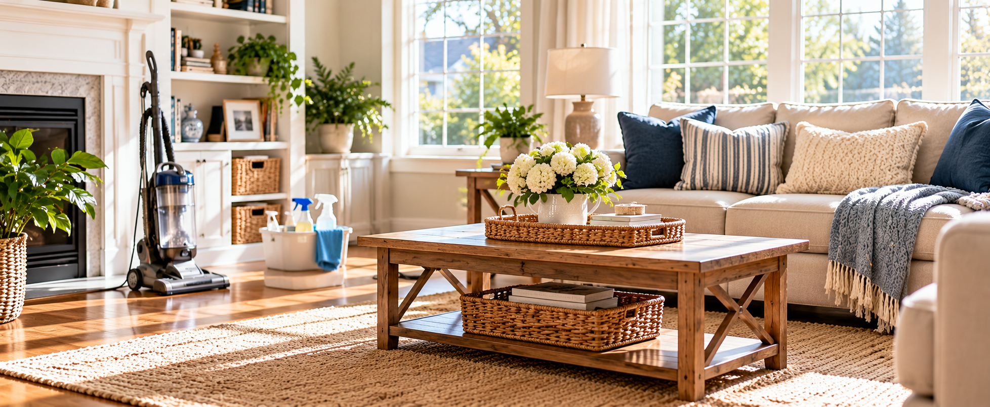 A clean, sunlit living room.