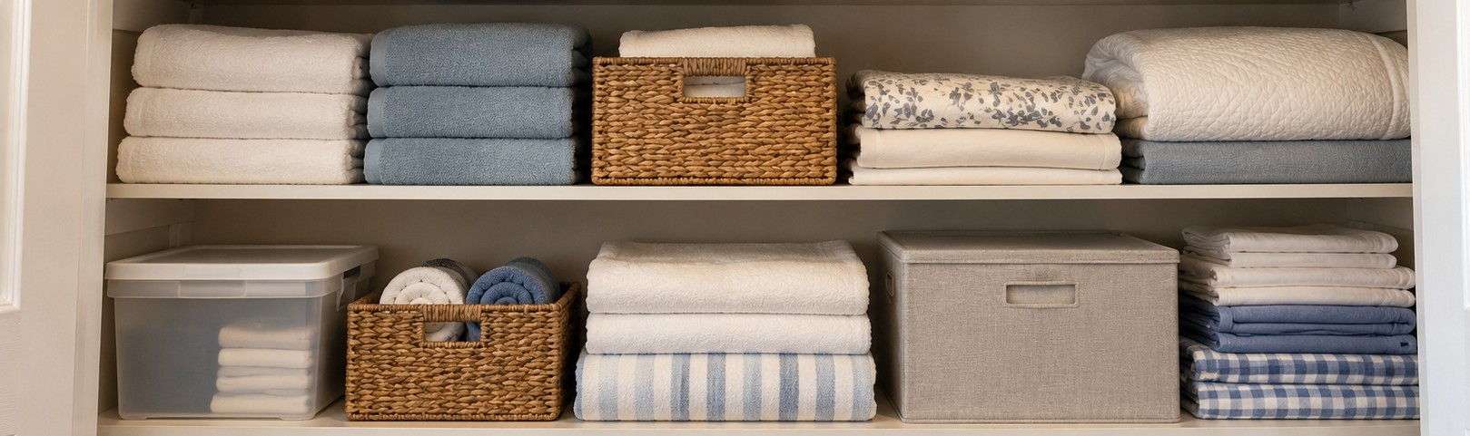 AN organized closet with folded and hanging items. AN organized closet with folded and hanging items.