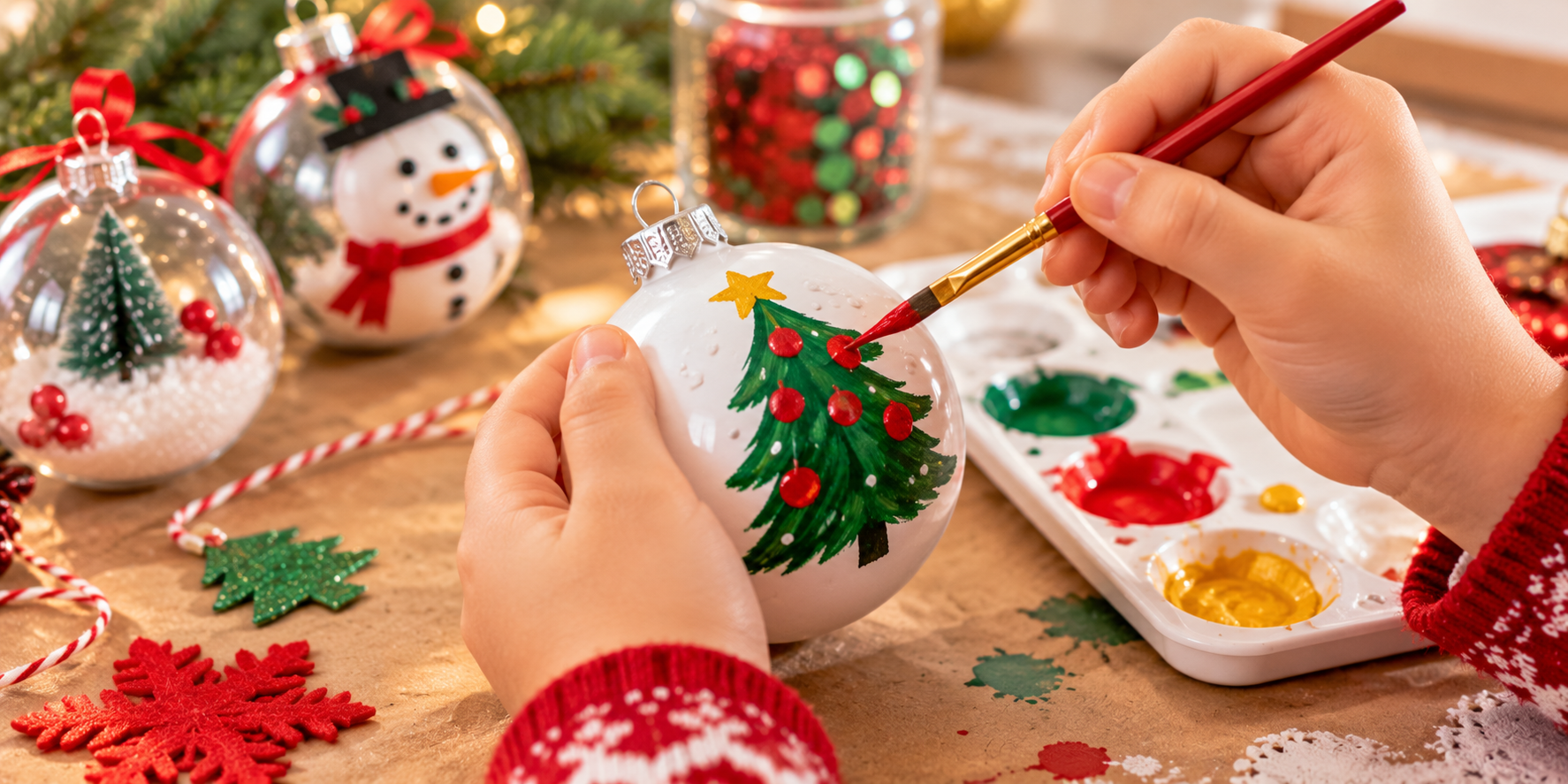 Close up of a child's hand painting a Christmas ornament.