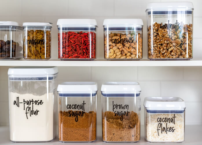 Pantry food storage in clear jars.