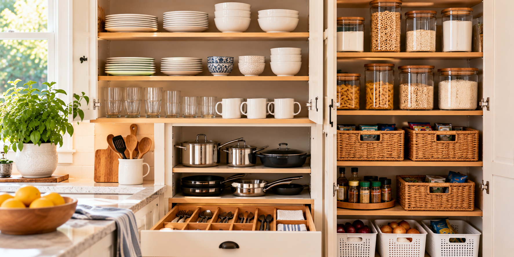 A kitchen pantry with shelves and neatly labeled containers.