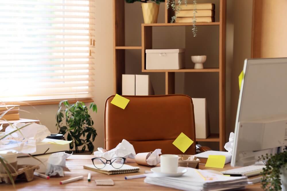 Home office with sticky notes and piled paper on desk.