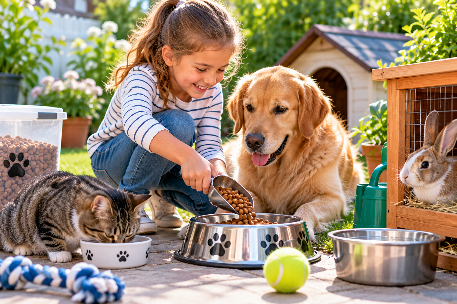 A young girl outside feeding a dog and a cat.