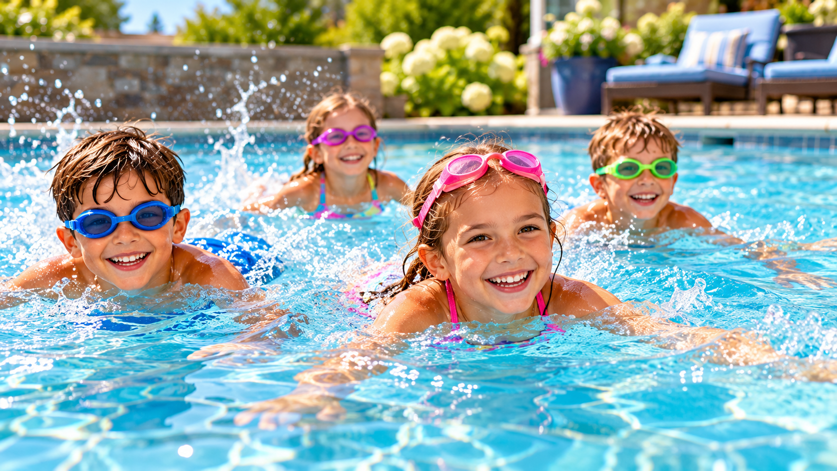 A trio of children swimming in a pool.