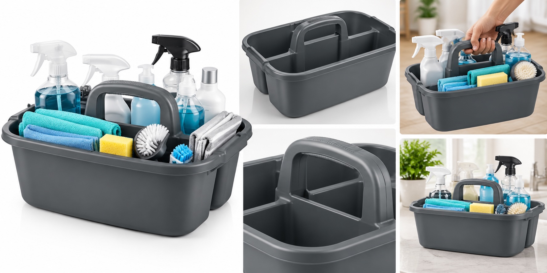 A portable cleaning caddy filled with products
