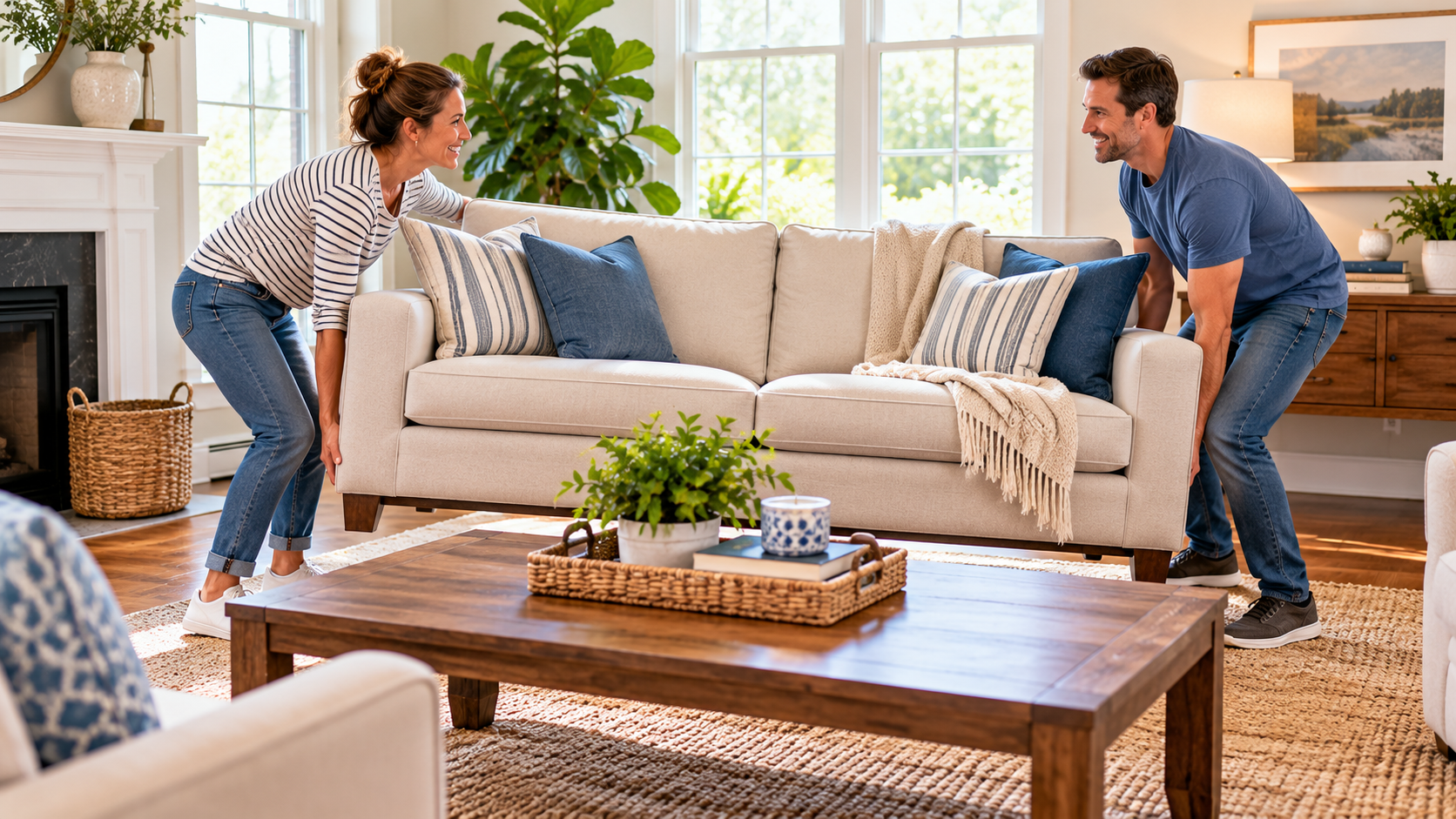 A couple lifting and moving a living room couch.