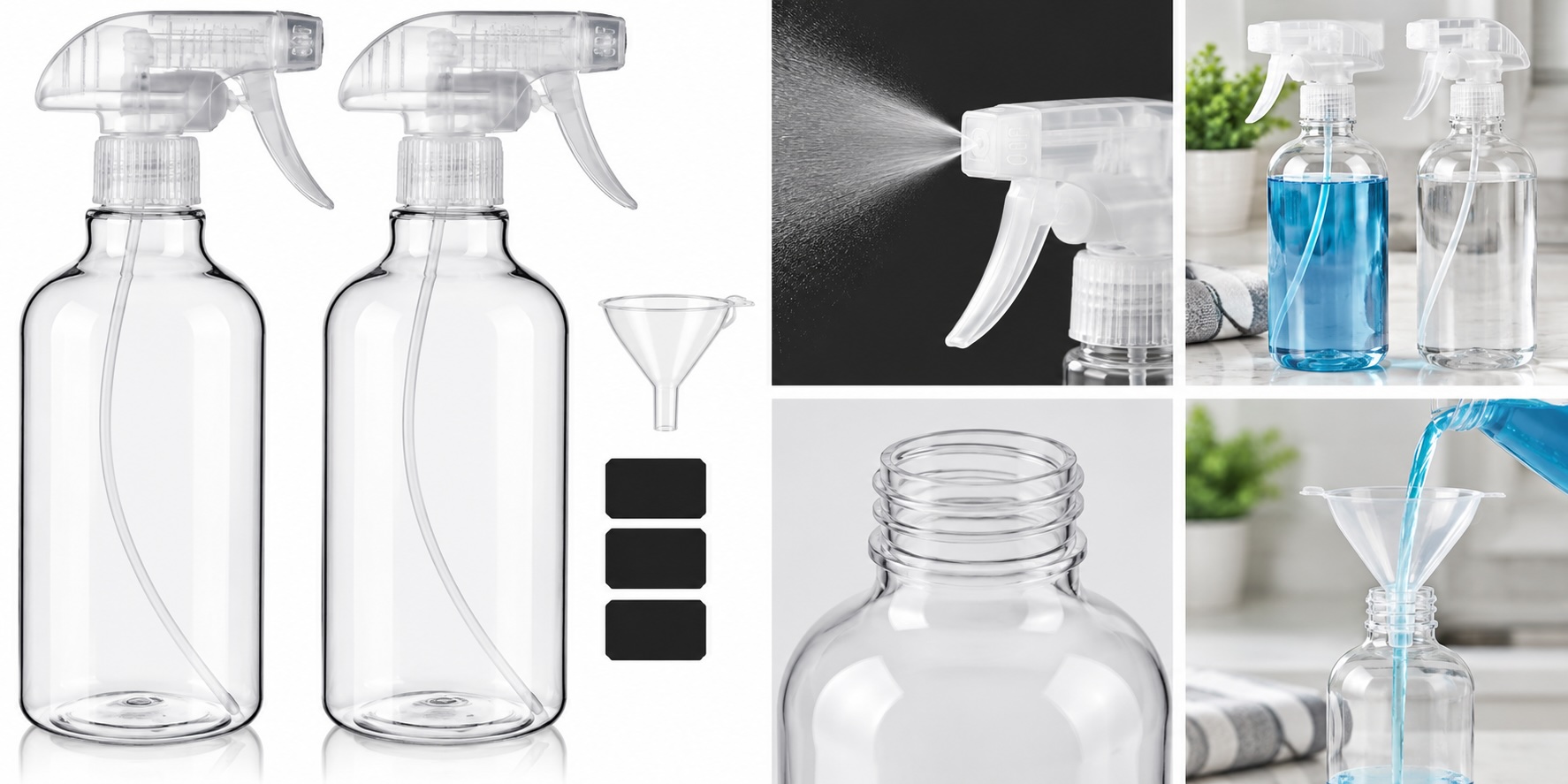 Refillable clear spray bottles.