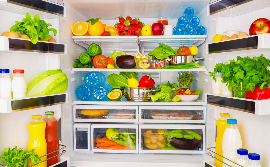 Refrigerator filled with fresh food.