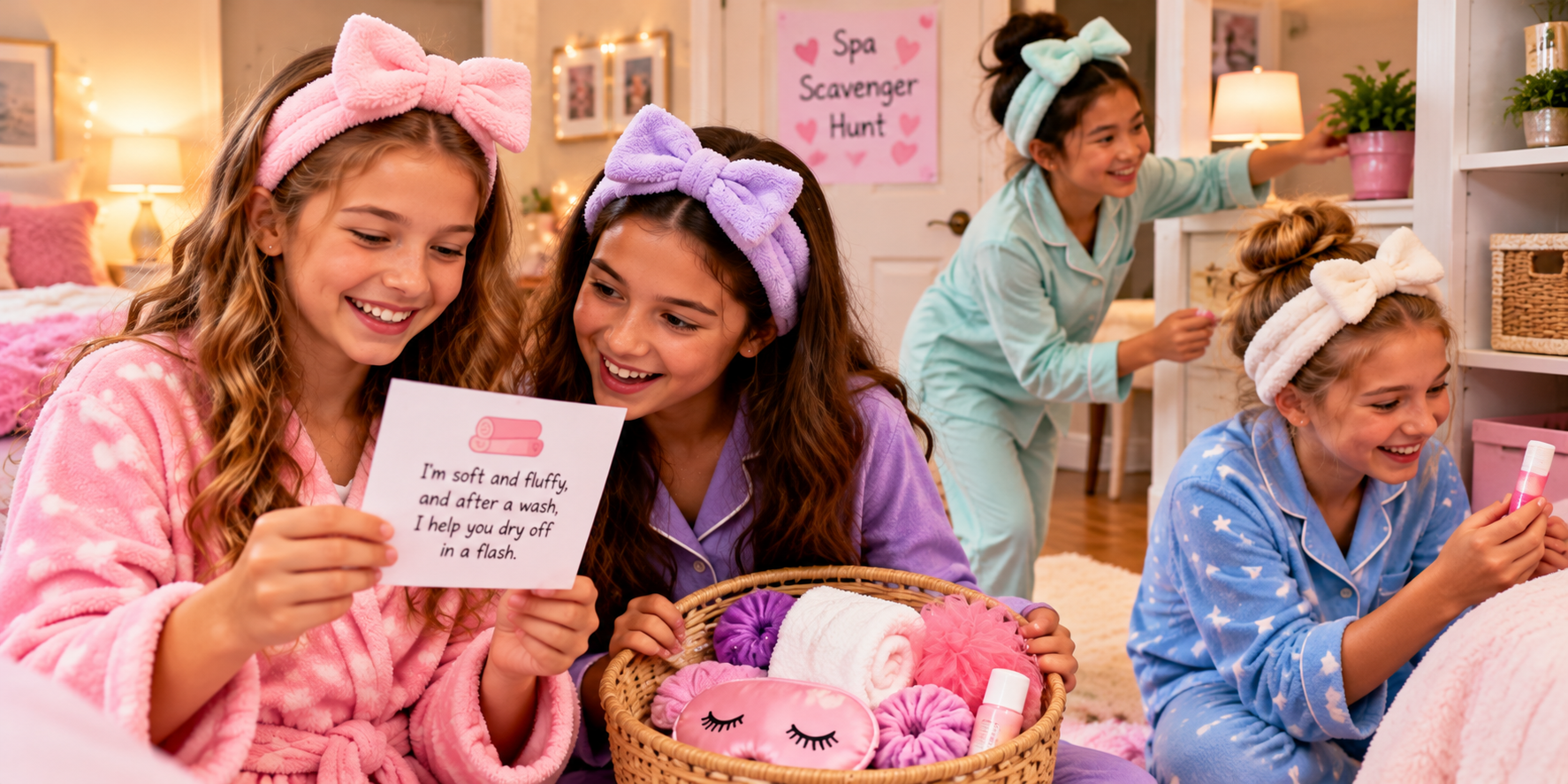 Young girls on a scavenger hunt in a living room.