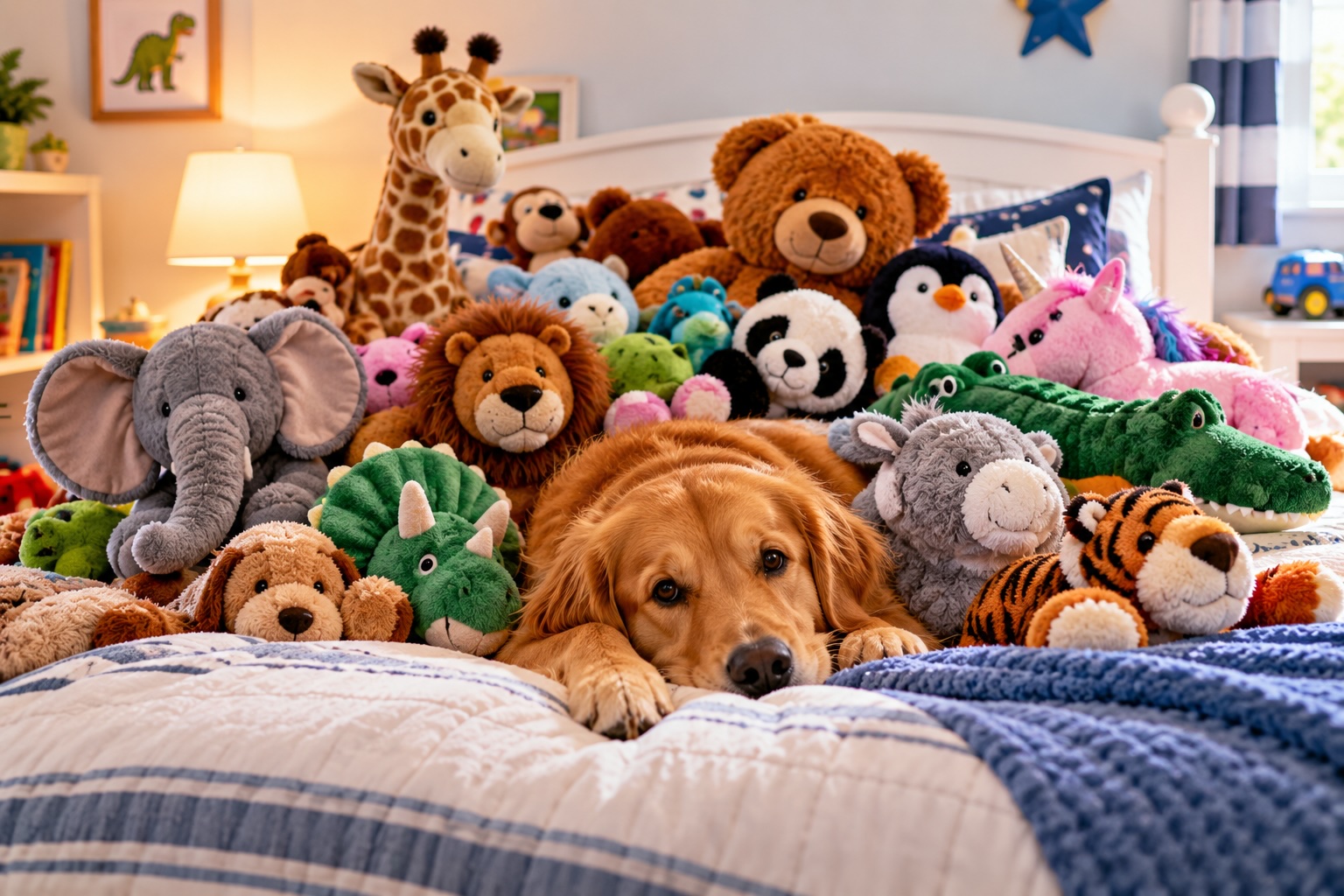 A child's bed with a dog and stuffed animals on it.