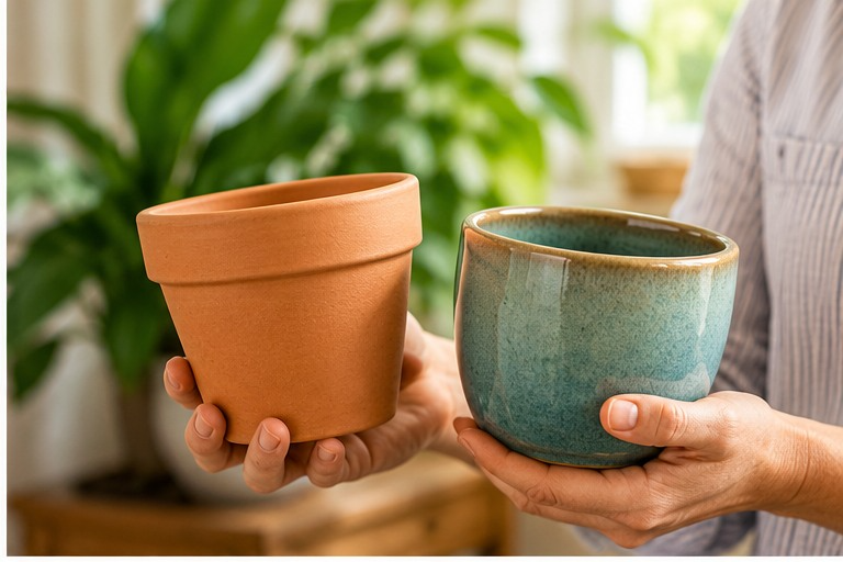 Terracotta and ceramic plant pots.