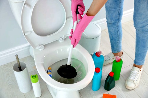 Fixing a backed up toilet yourself.