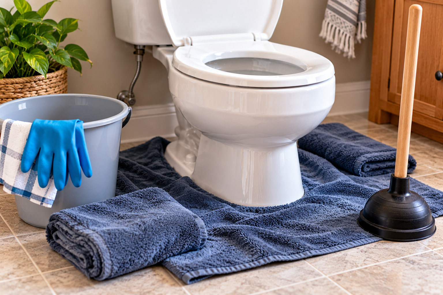 Toilet bowl base covered in blue towels to stop water.